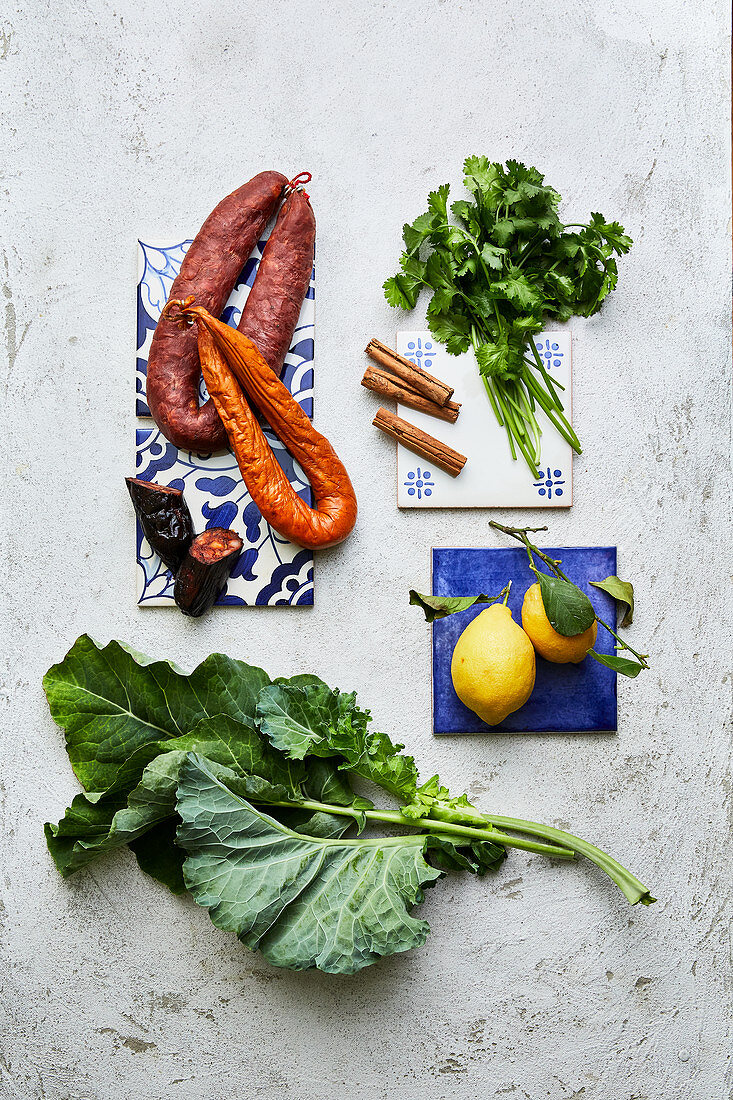 Portuguese ingredients – coriander, lemon, kale, cinnamon and sausage