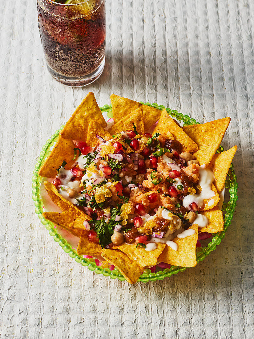 Indian nacho chaat with chickpeas and yoghurt