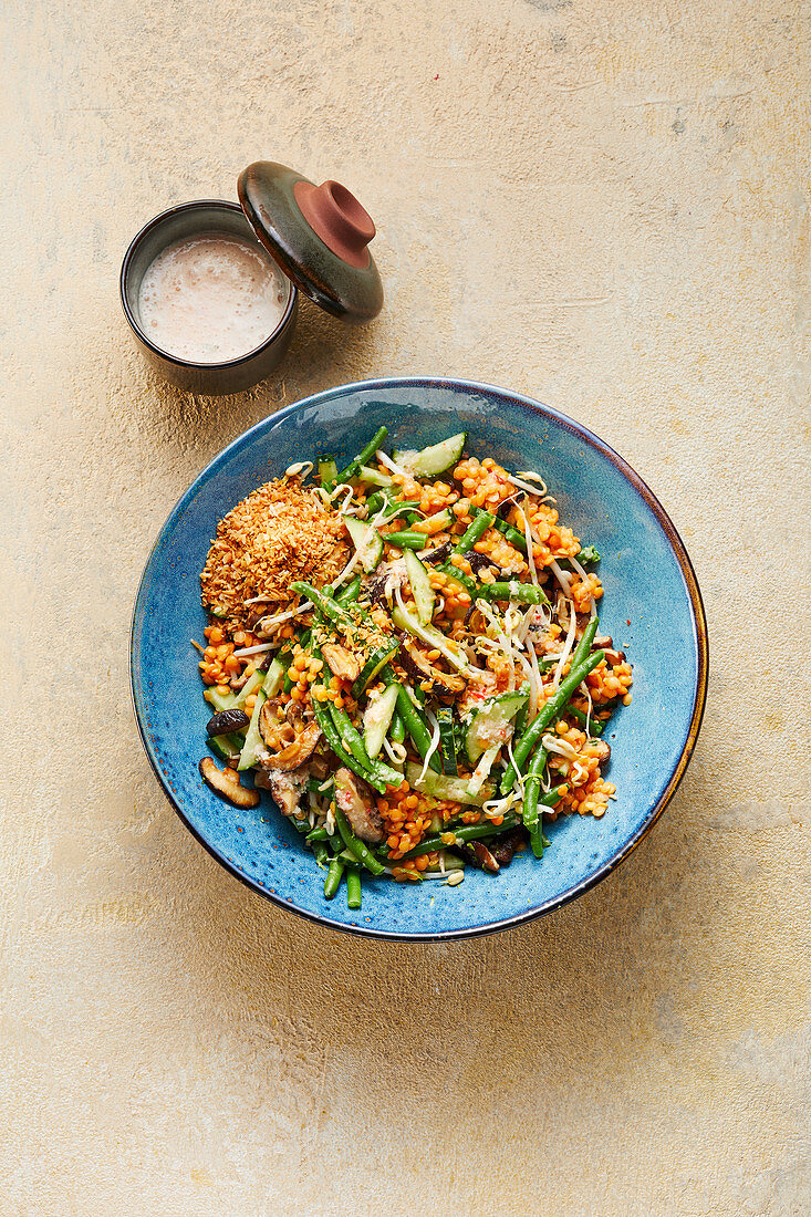 Indonesian lentil salad with shiitake mushrooms, cucumber and bean sprouts