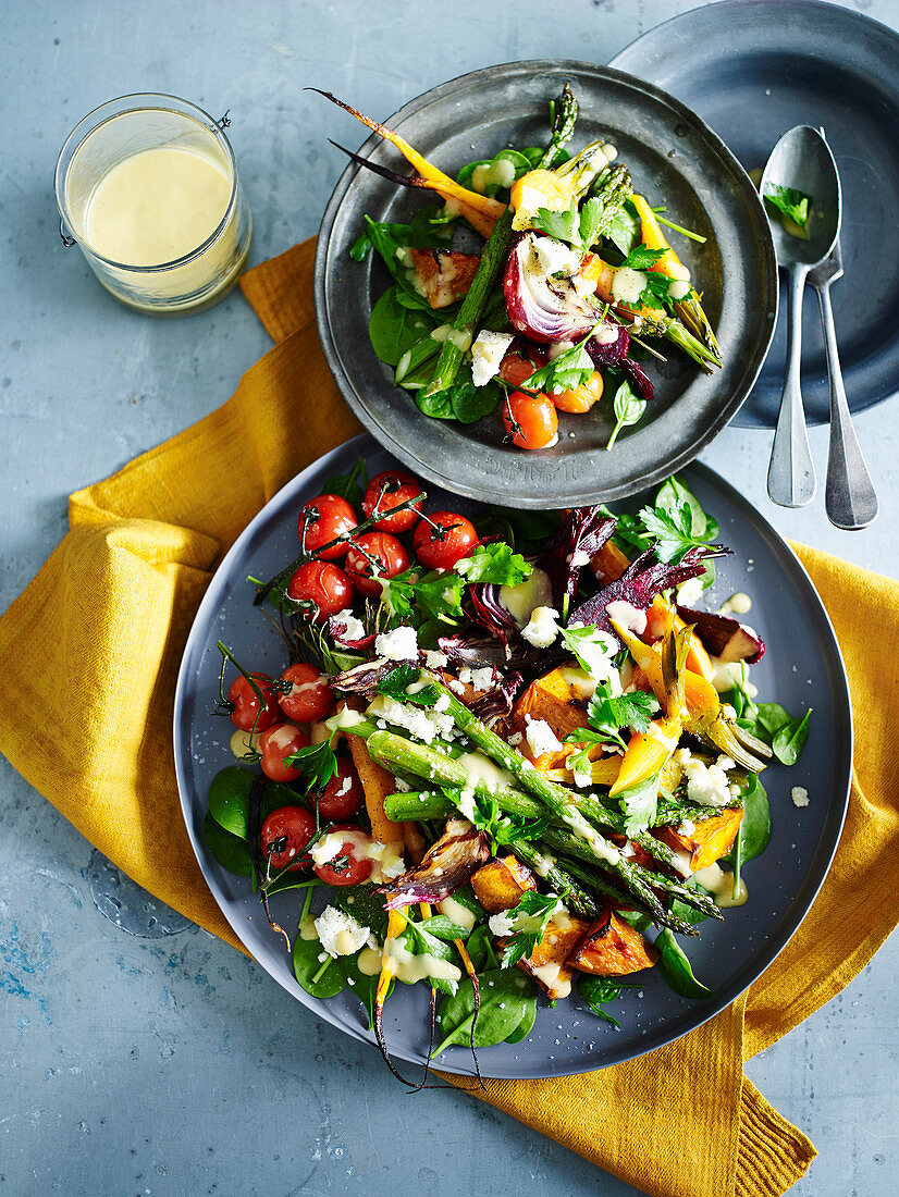 Roasted vegetable Salad with Feta and Garlic Mustard dressing