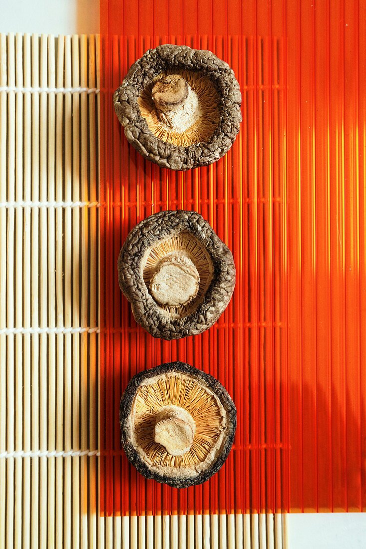 Getrocknete Shiitake-Pilze in einer Reihe auf Bambusmatte