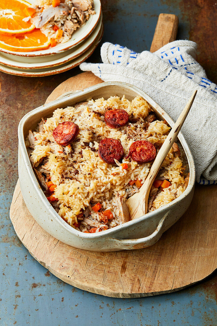 Portuguese duck rice with cinnamon and orange