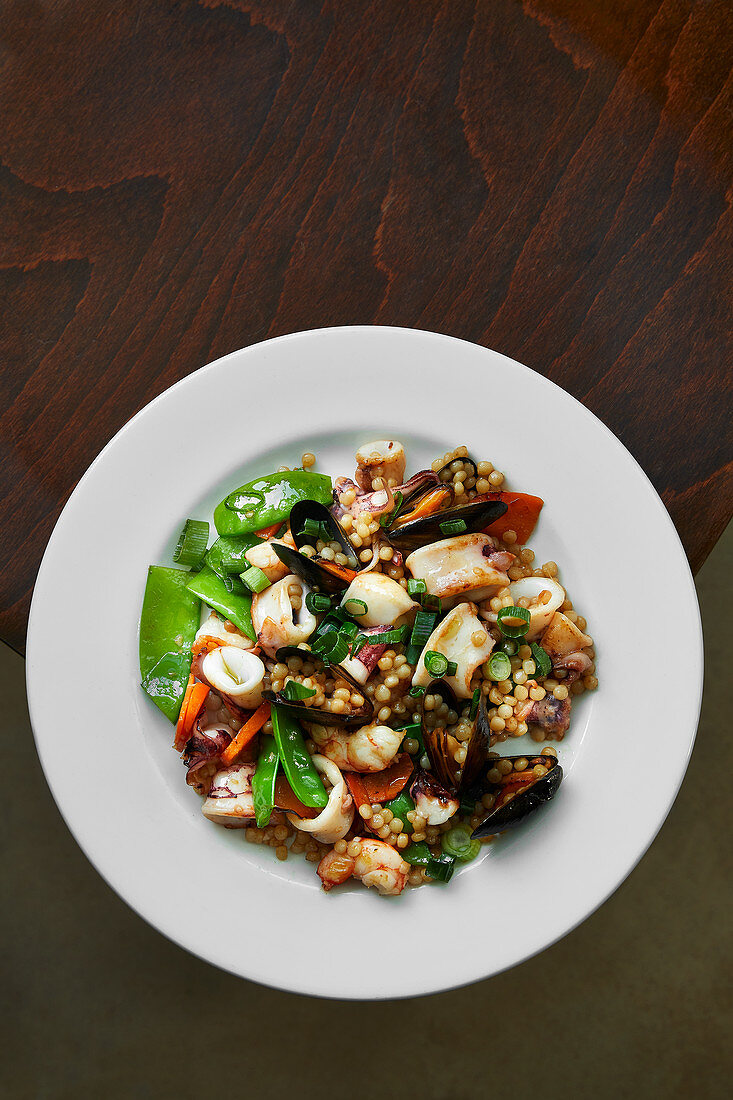 Israeli couscous with mixed seafood