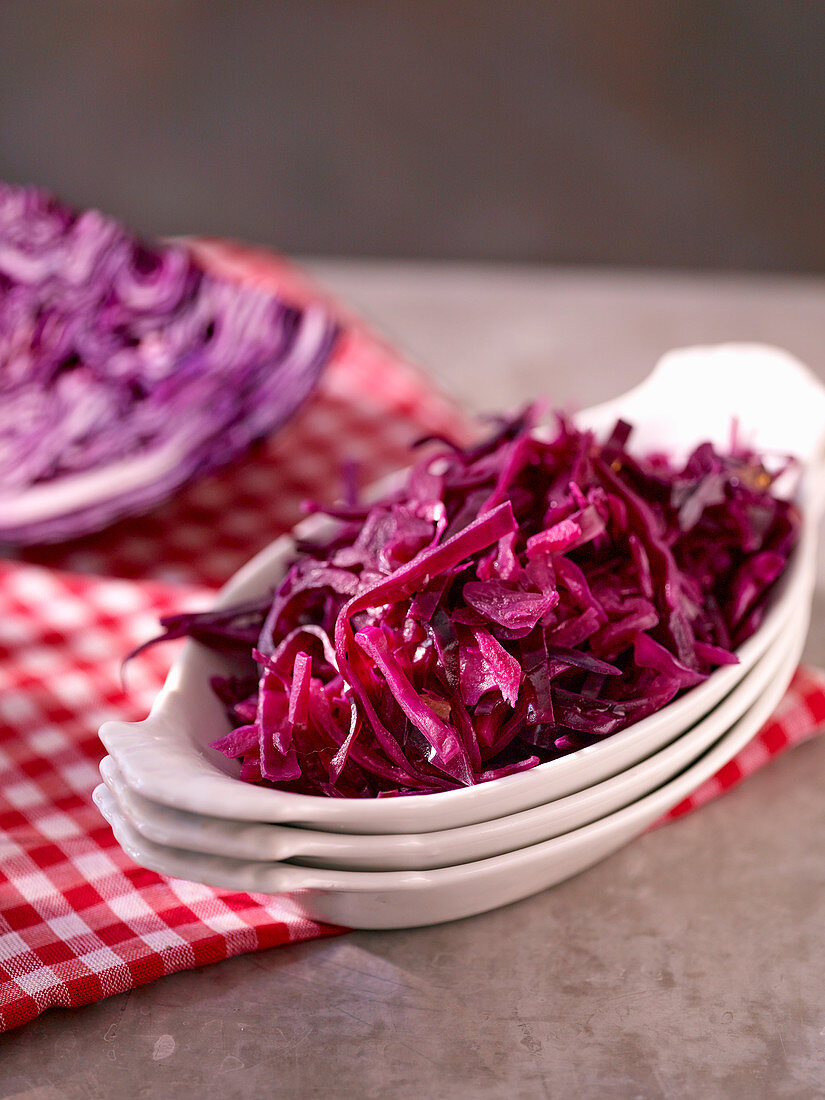 A bowl of red cabbage salad