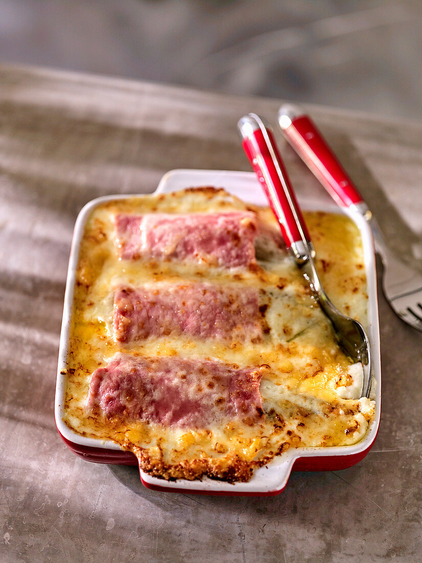 Chicory and ham gratin in a baking dish