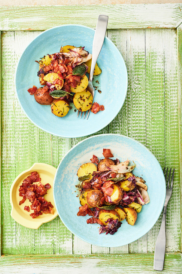 Warm potato salad with sage and bacon