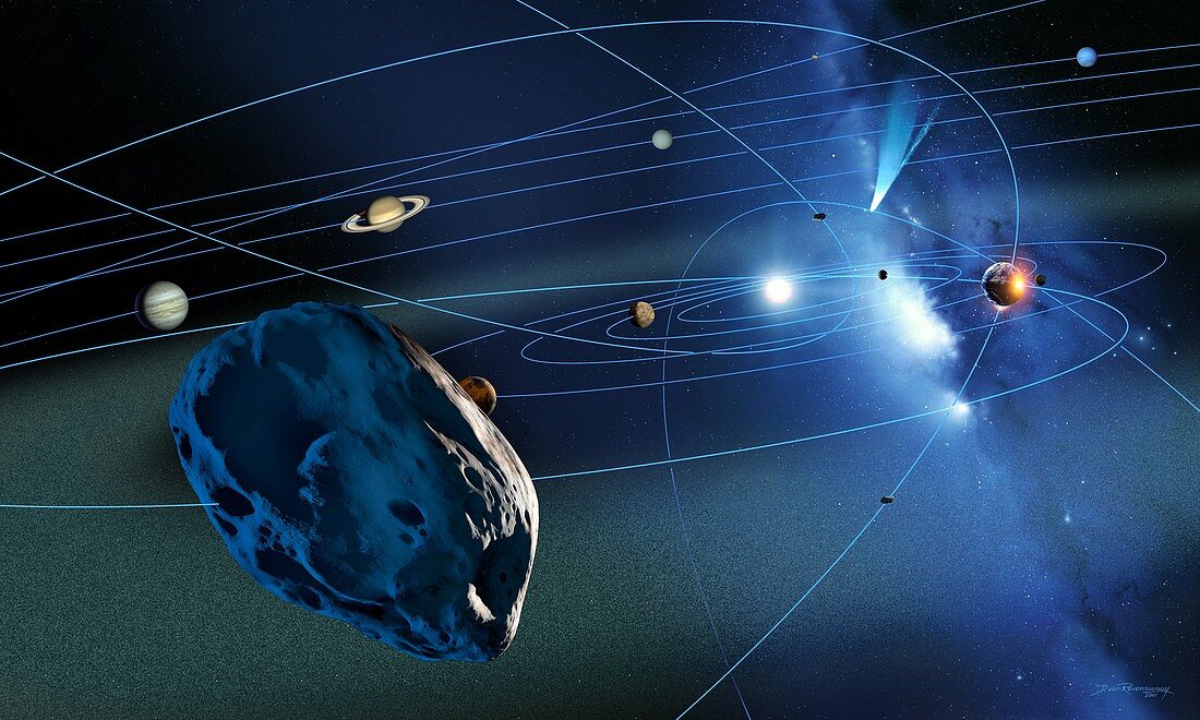 Asteroid orbits intersecting with Earth, illustration