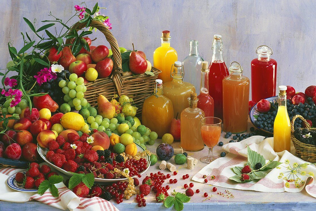 Freshly squeezed juices, fresh fruit on table