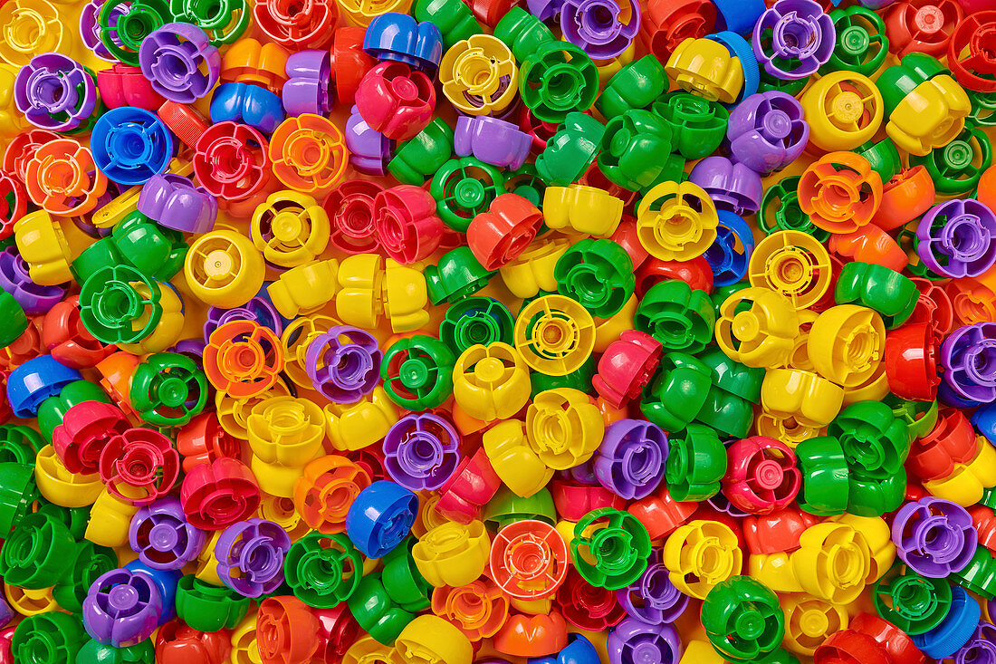 Multi-coloured plastic bottle caps