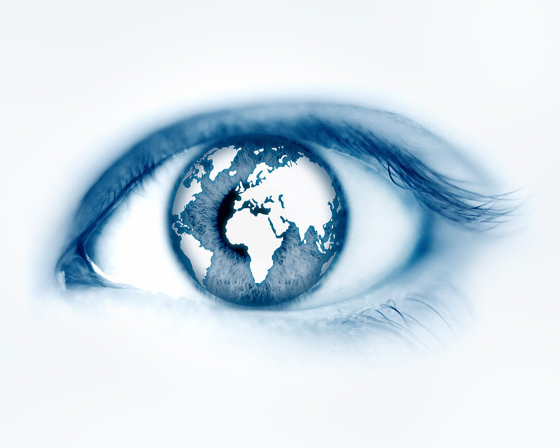 Human eye with world map, illustration