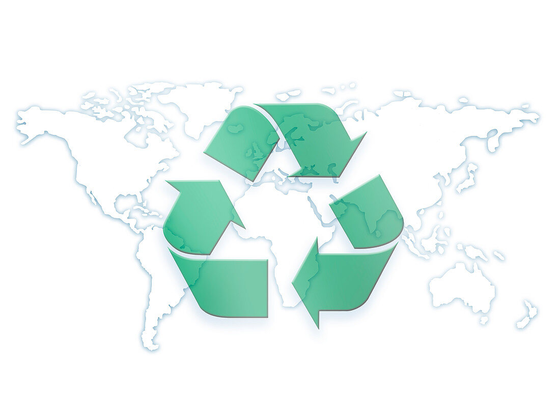 World map with recycling symbol, illustration