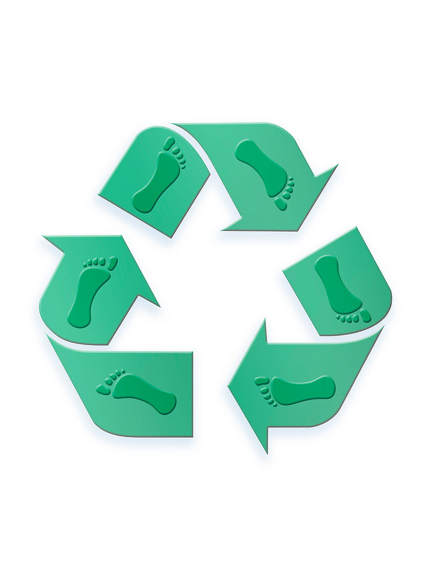 Recycling symbol with footprints, illustration