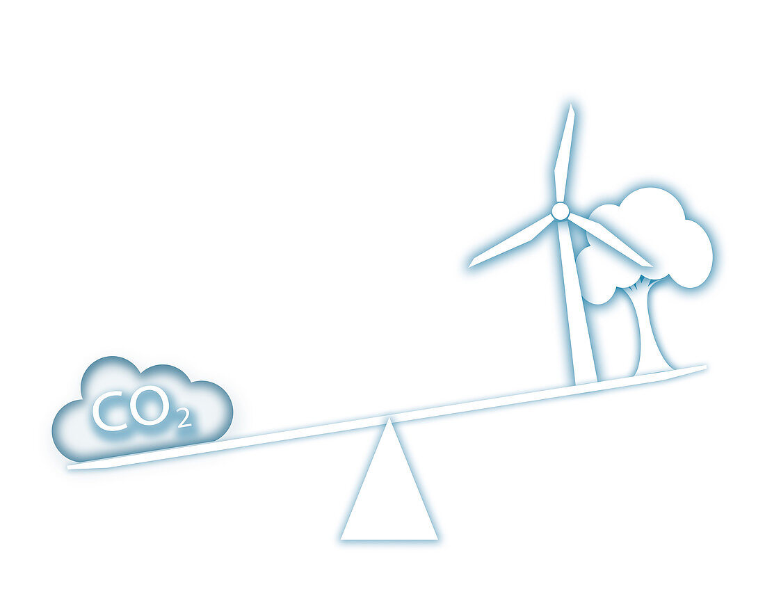 Scales with carbon cloud, turbine and tree, illustration