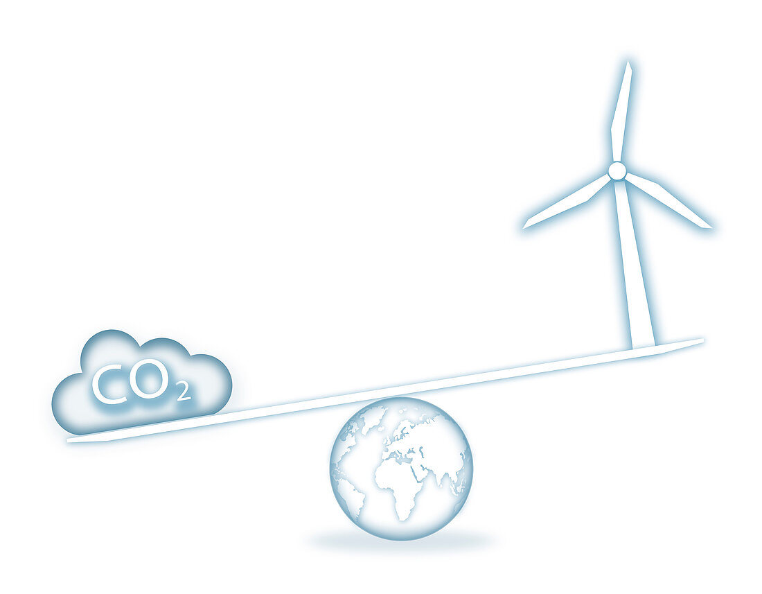 Scales with carbon cloud and wind turbine, illustration