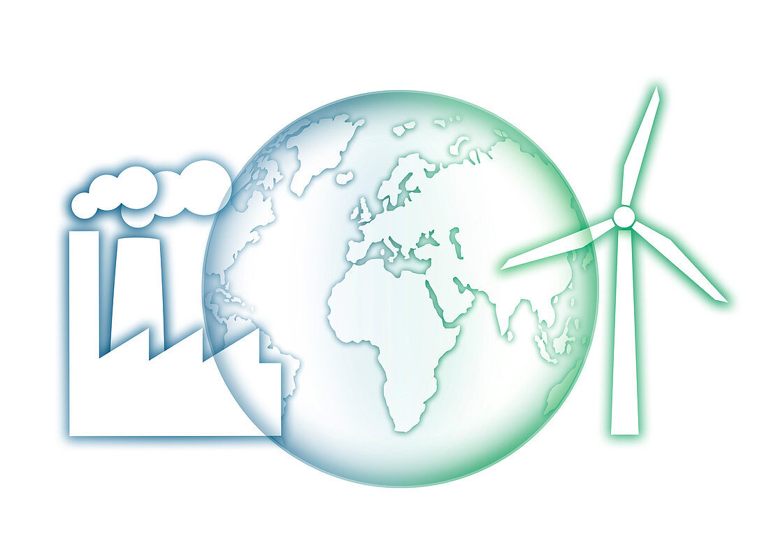 Earth with power station and wind turbine, illustration