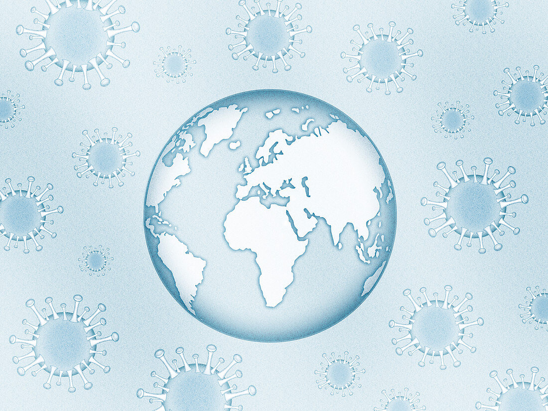 Earth with covid-19 viruses, illustration