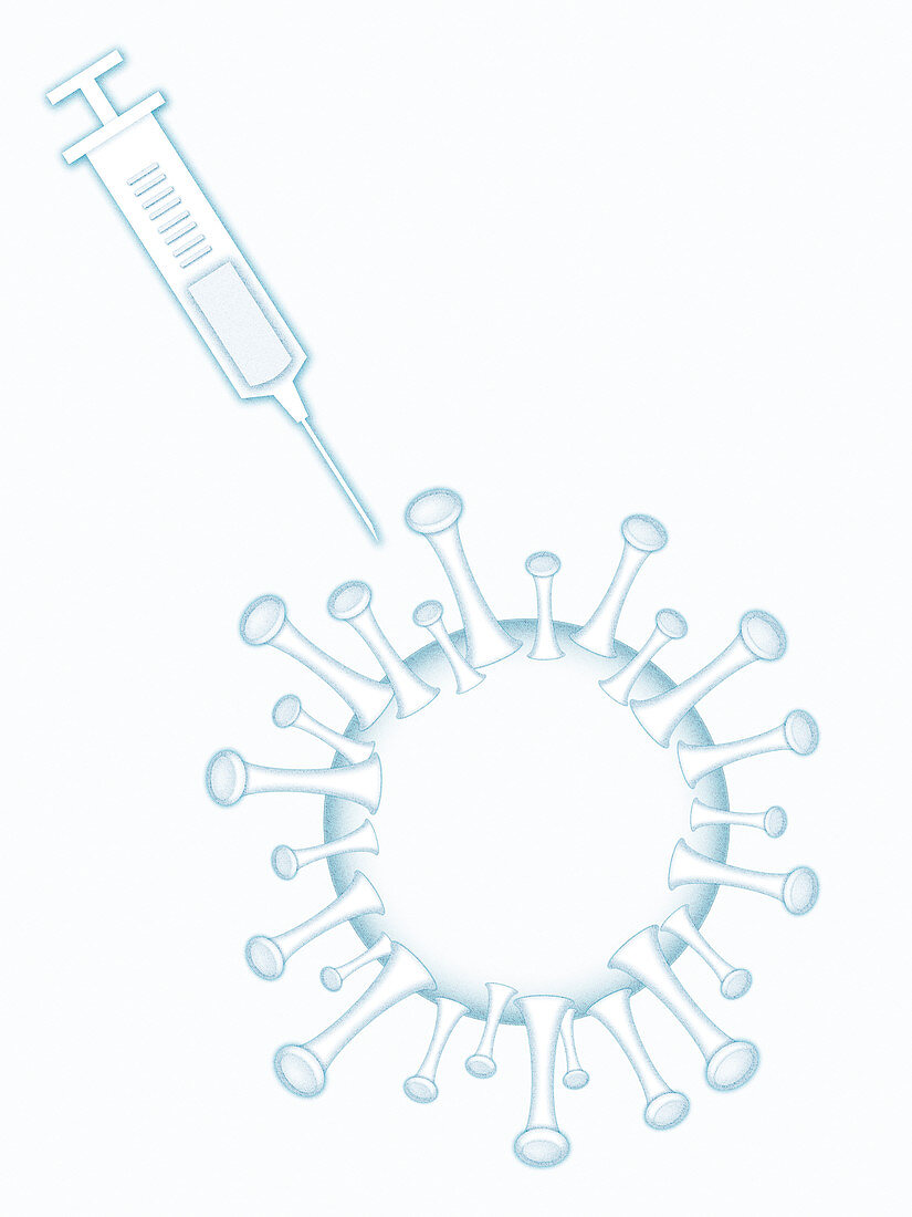 Covid-19 virus with syringe, illustration