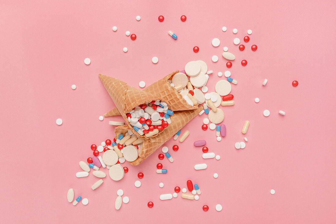 Pills, tablets and capsules in ice cream cones