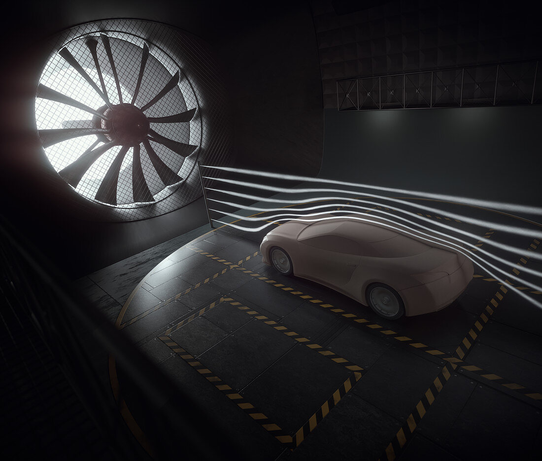 Car in wind tunnel, illustration