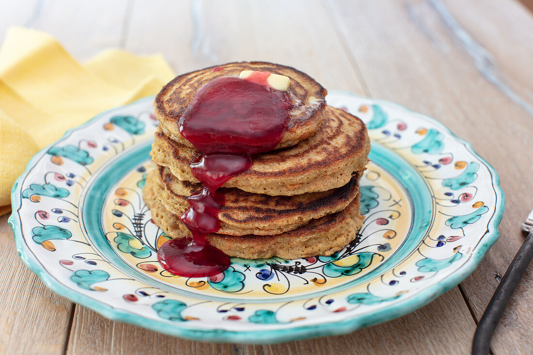 Carrot and Orange Oat Flour Pancakes with berry sauce