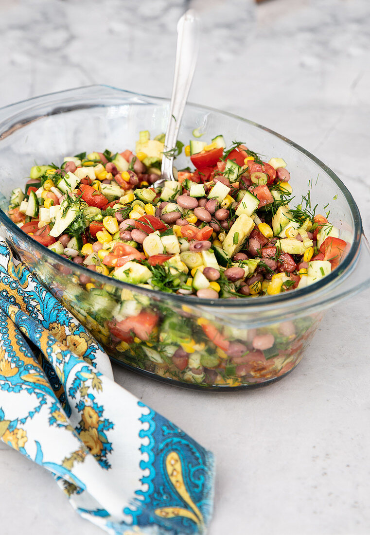 Red bean salad with corn, cucumber, tomatoes