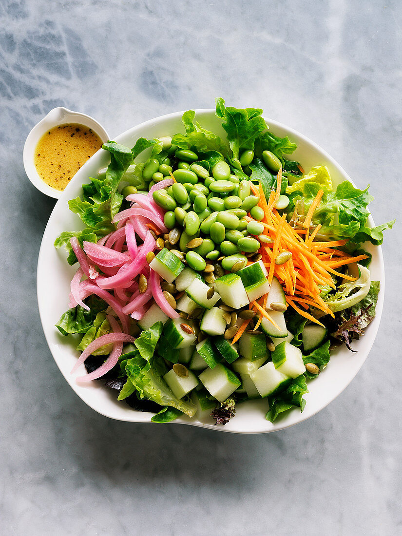 Raw vegetable bowl with edamame, carrots, cucumber and picklled onions
