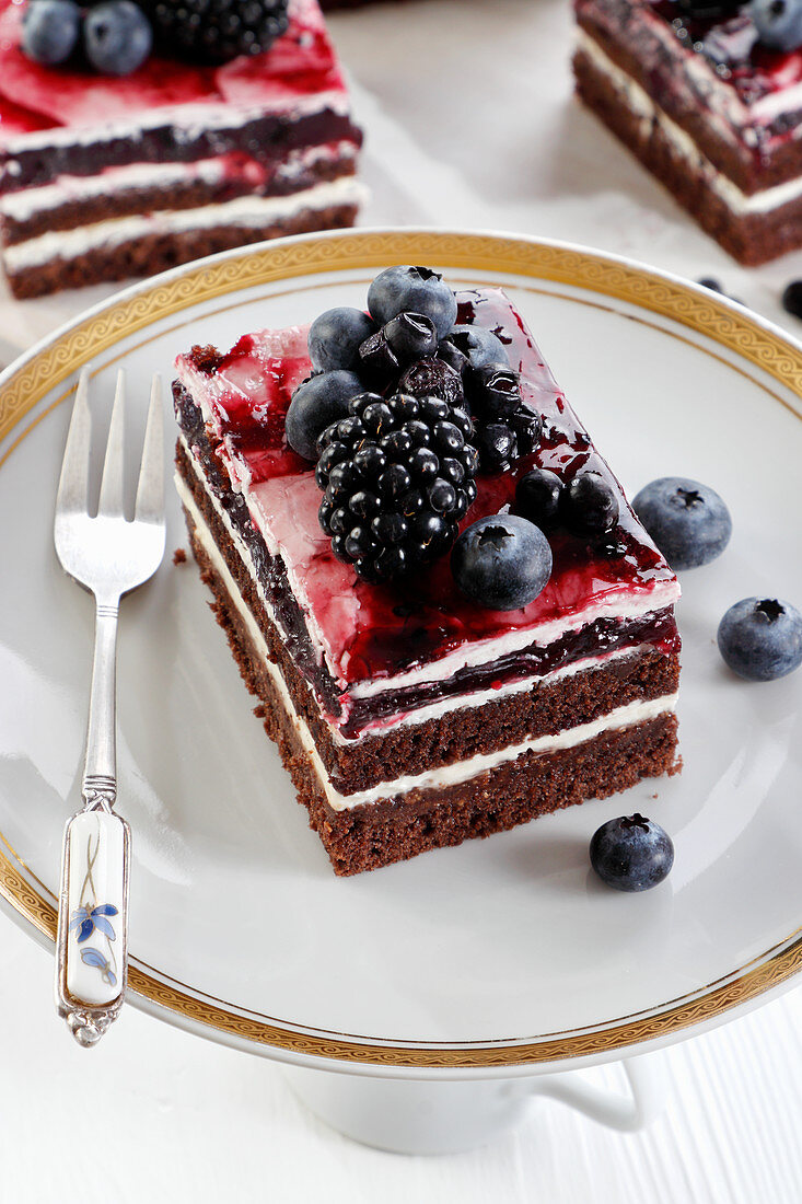 Chocolate and cream cake with blueberry and blackberry jelly