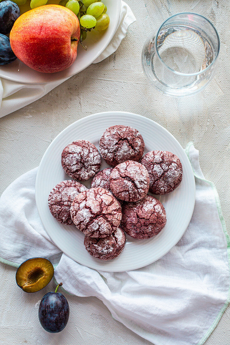 Red velvet crinkle cookies made with beetroot powder