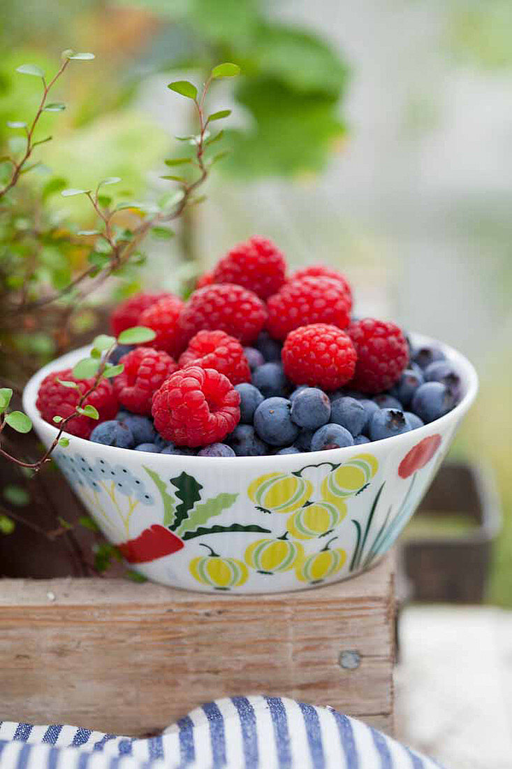 A bowl of blueberries and raspberries