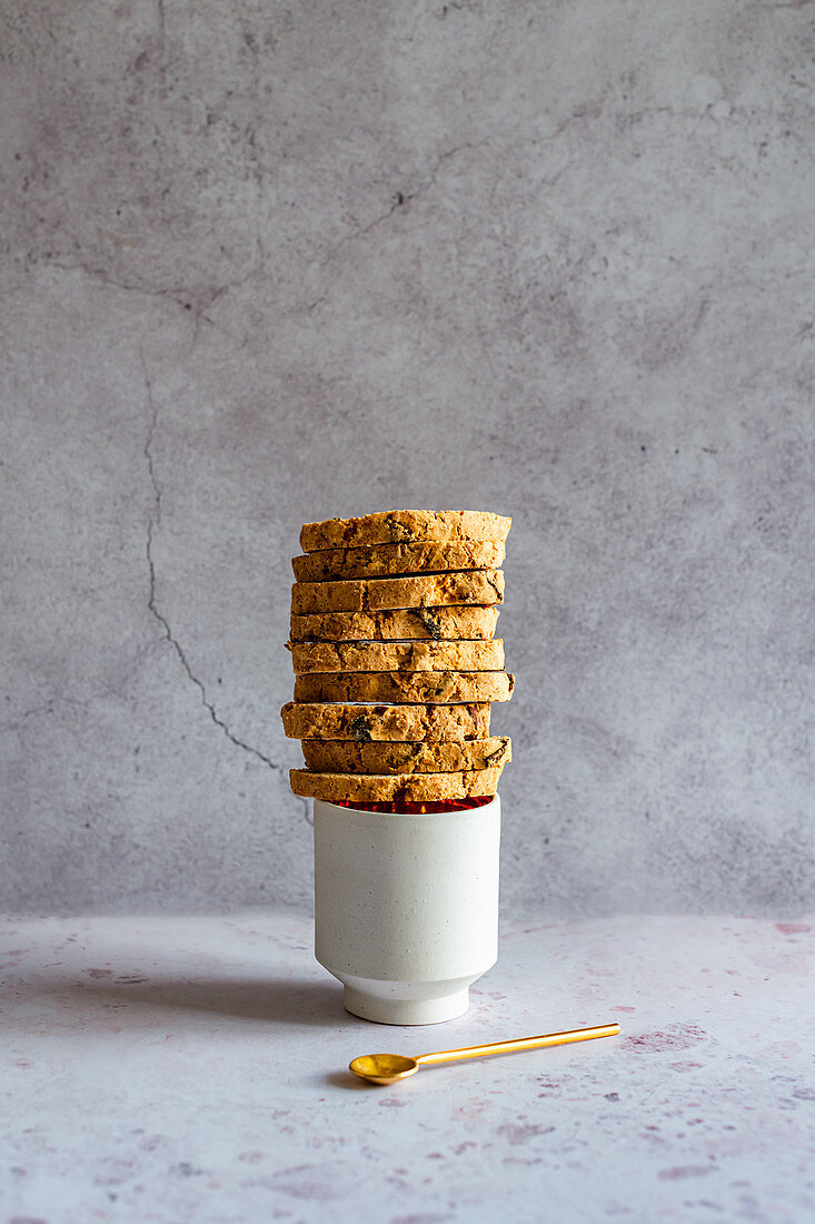 Almond and Orange Biscotti stacked on cup