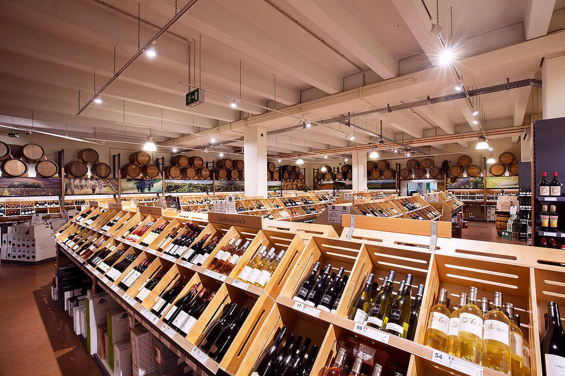 Wooden crates of bottles, Bührmann wine shop, Duisburg, Germany