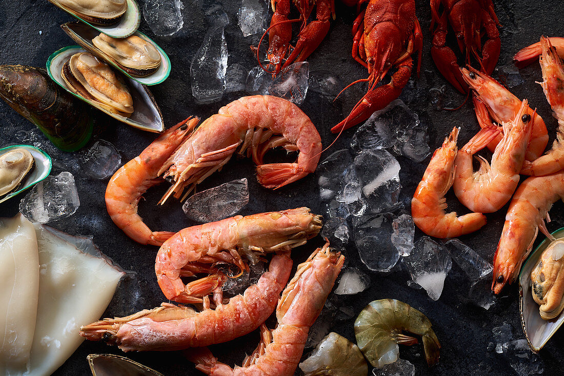Assortment of various raw seafood - shrimps, kiwi mussels, squid and crawfish on ice