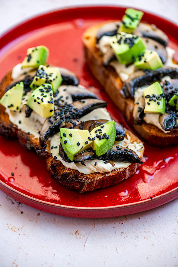 Cubed Avo on Toast with Miso Cream Cheese and Garlic Fried Mushrooms