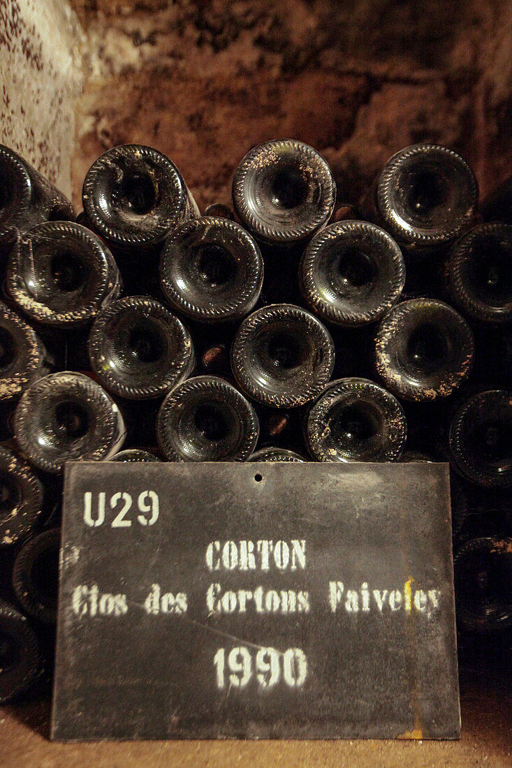 Weinflaschen im Naturkeller, Maison Faivelay, Corton, Burgund, Frankreich