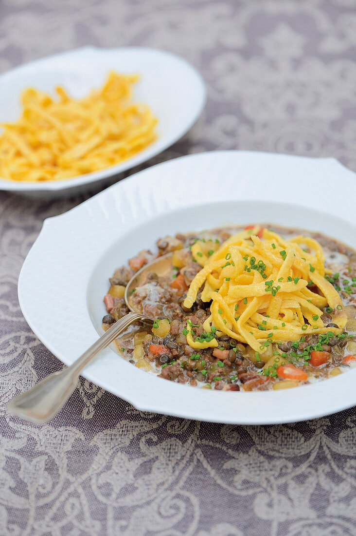 Creamy venison soup with lentils and Spätzle (Swabian egg noodles)