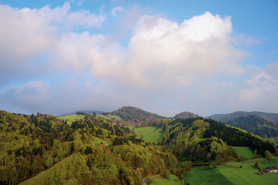 Green mountain landscape below blue sky with clouds