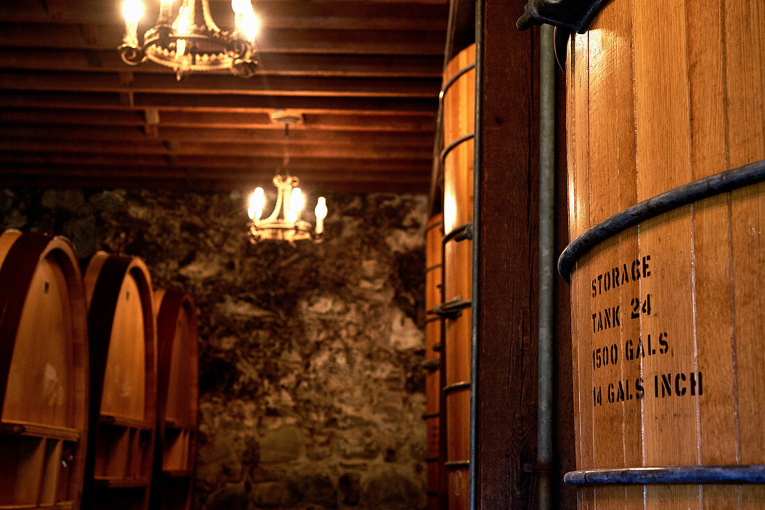 Wooden barrels, Heitz Cellars, Napa Valley, California, USA