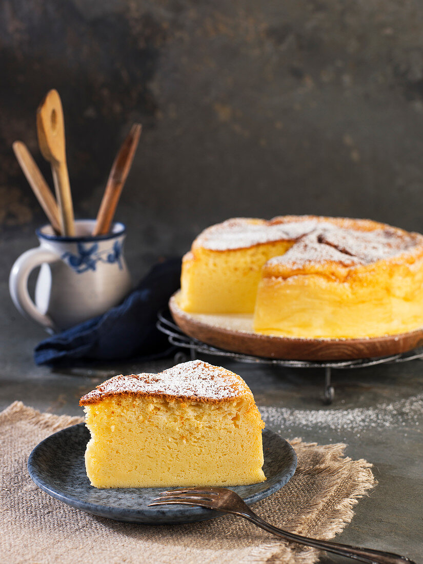 Japanese cotton cheesecake, one slice on a plate