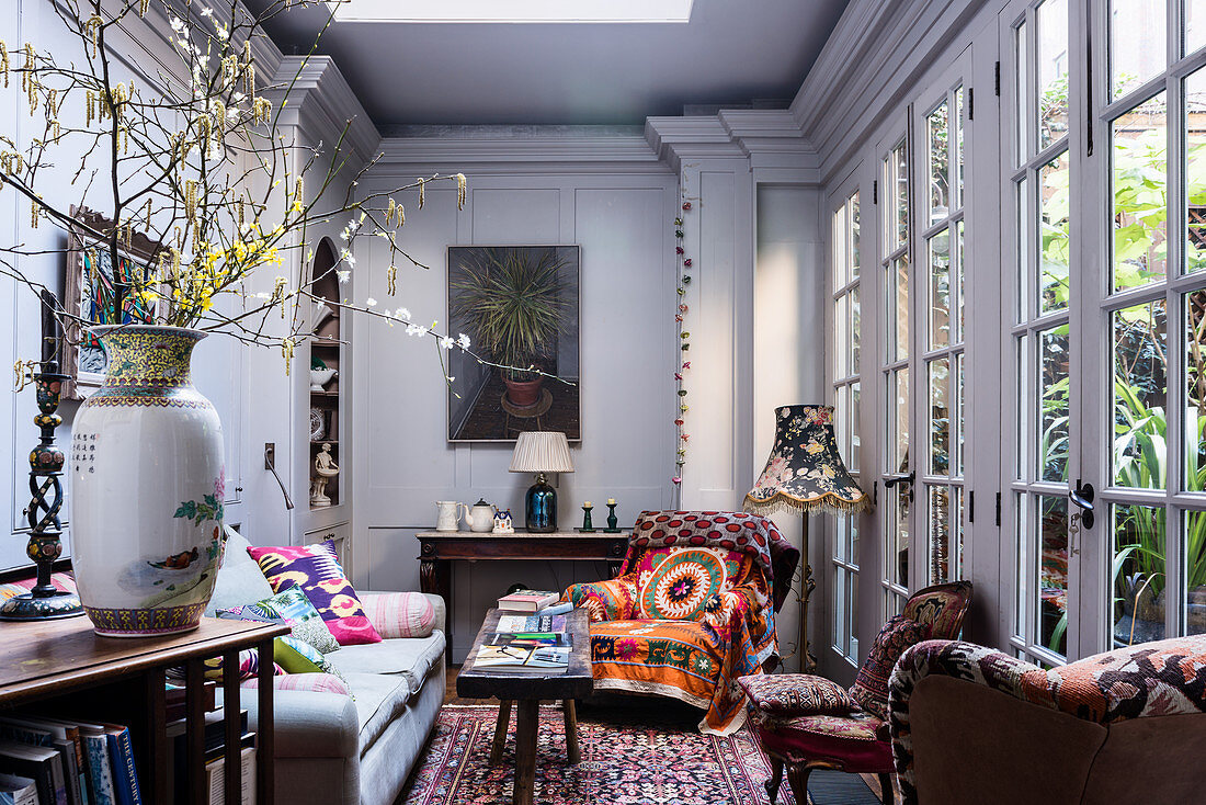 Lattice windows overlooking garden in classic living room