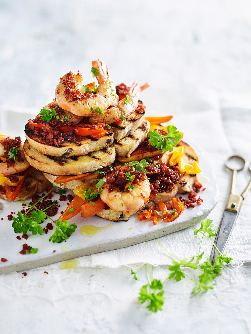 Roasted chorizo and prawns on olive bread