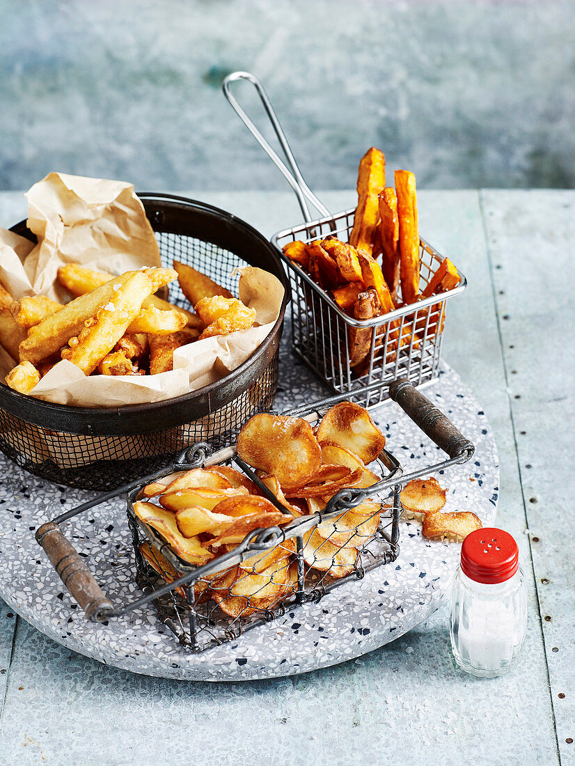 Beer battered fries, sweet potato fries and potato chips