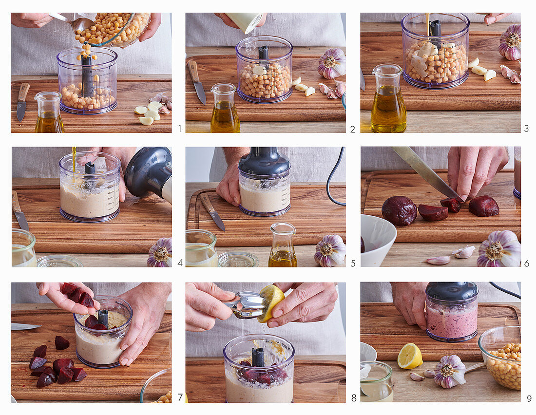 Preparing hummus with beetroot and cheese sticks