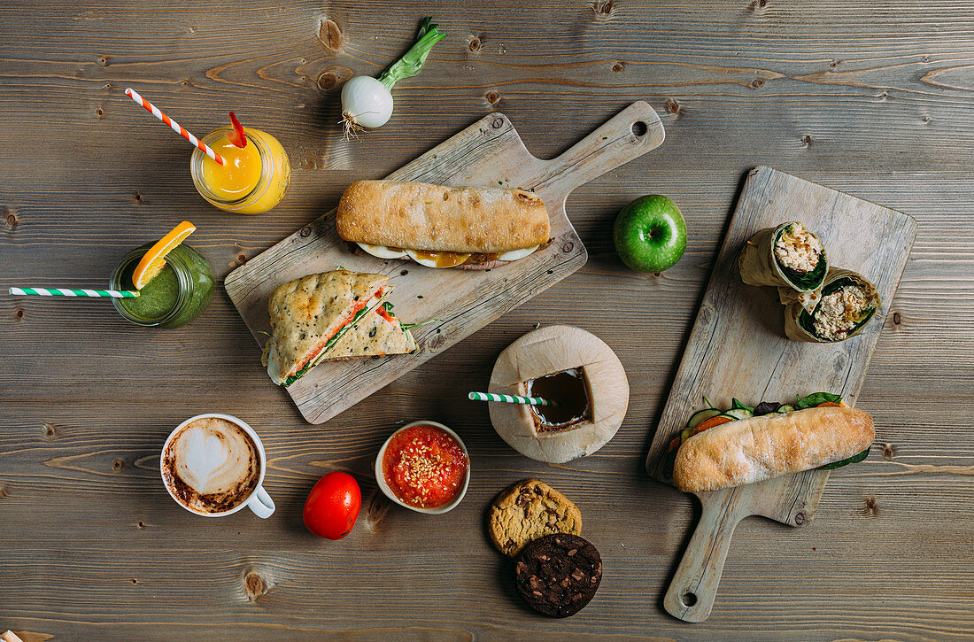 Assortment of healthy sandwiches and drinks