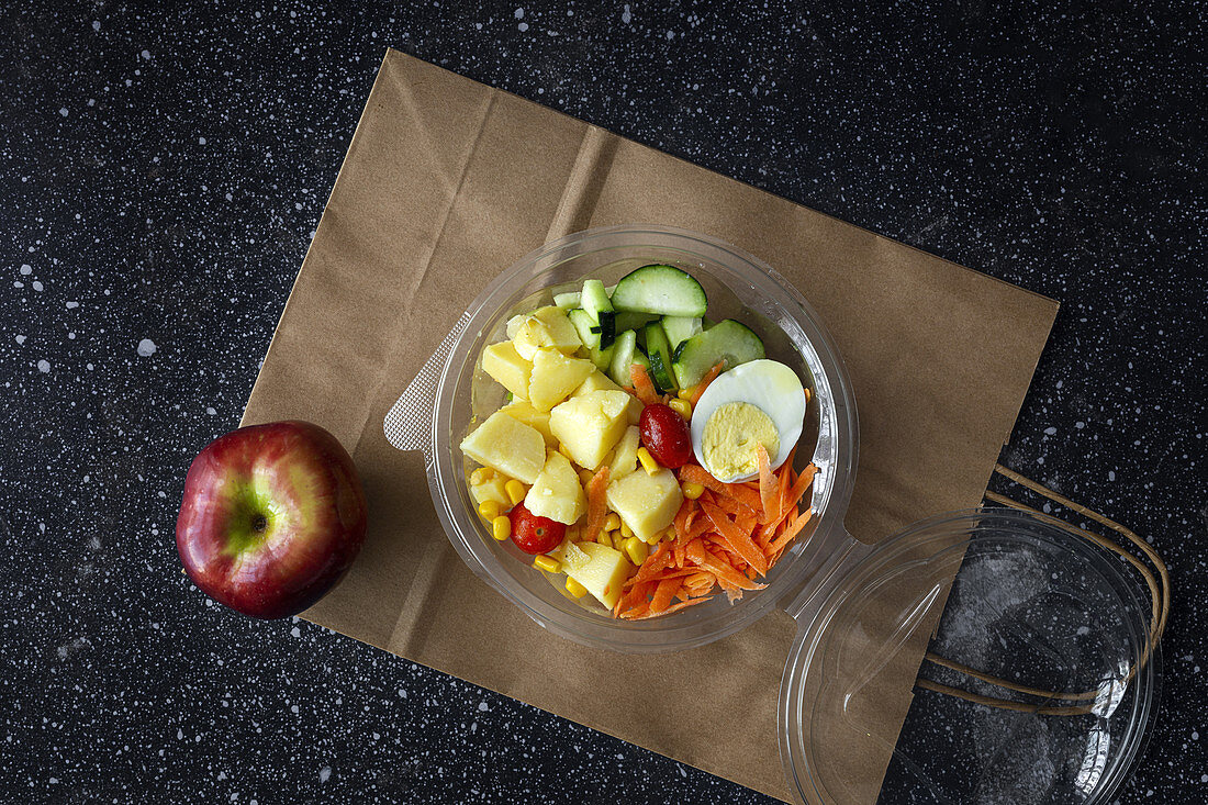 Gemüse mit gekochtem Ei im Plastikbehälter zum Mitnehmen