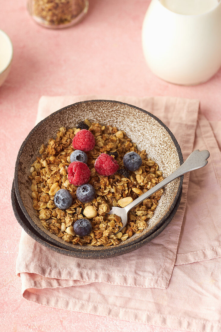 Granola with nuts, oats, berries and milk