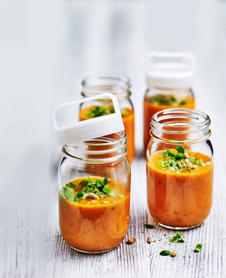 Roasted tomato soup with broccoli pesto