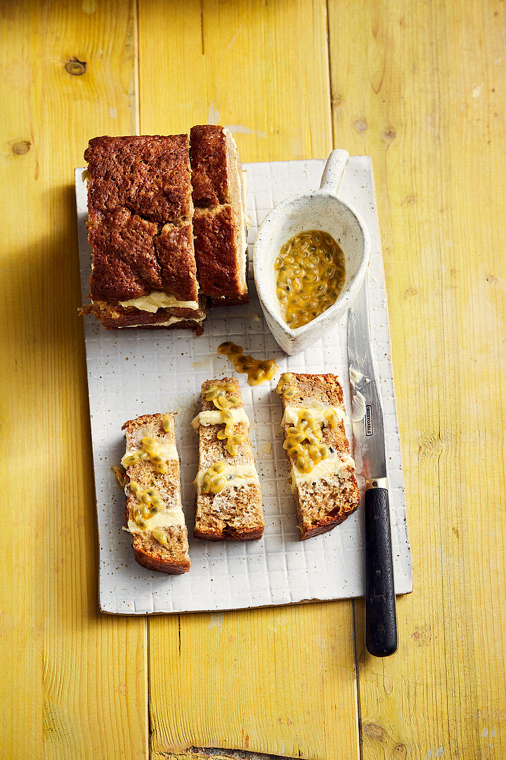 Banana bread filled with passion fruit sauce