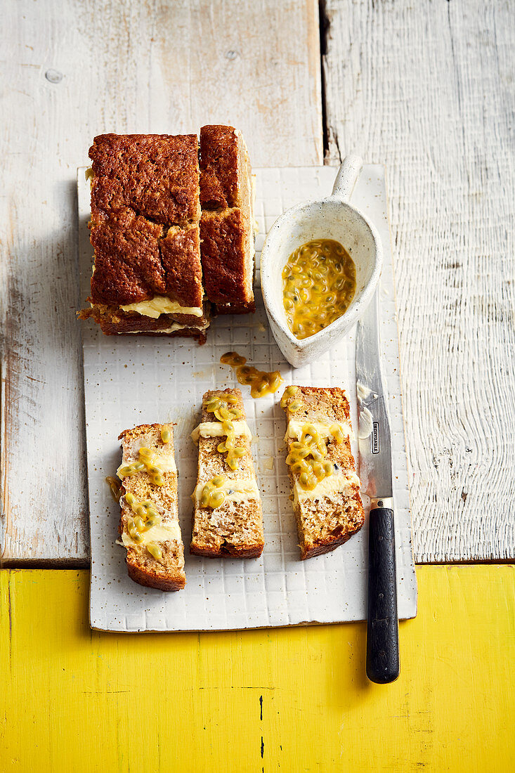 Banana bread filled with passion fruit sauce