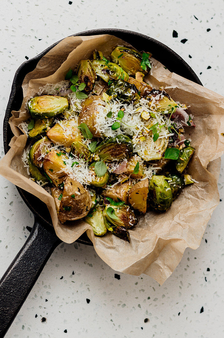 Potatoes and Brussels sprouts in parchment paper