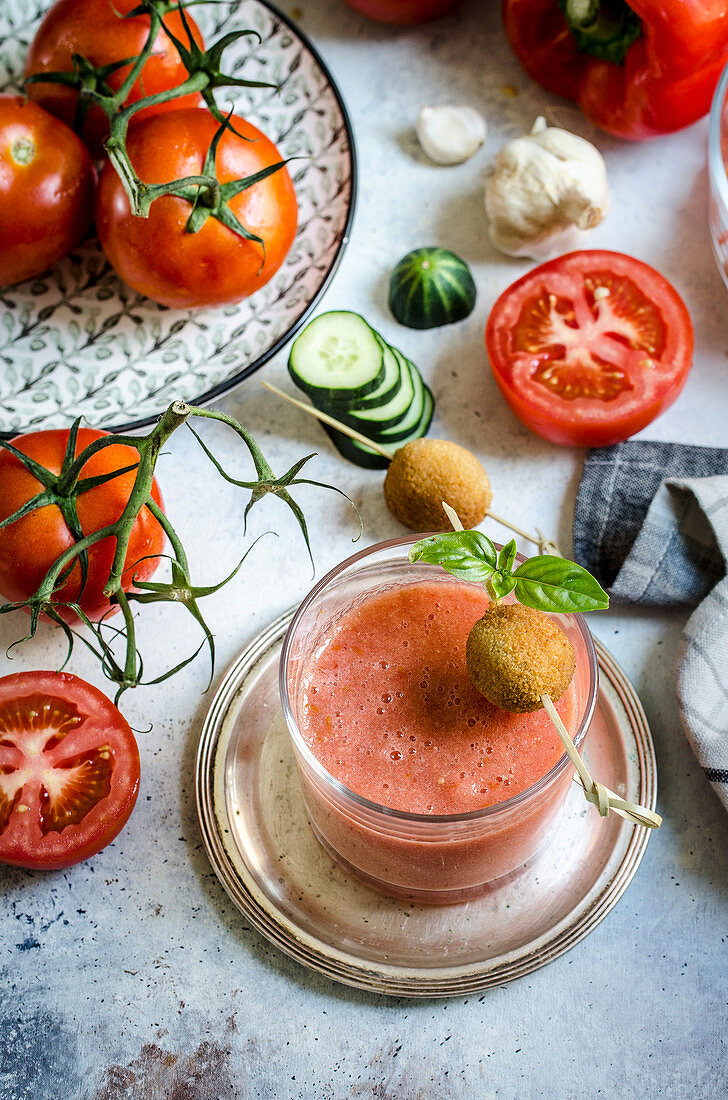 Gazpacho with olive skewer